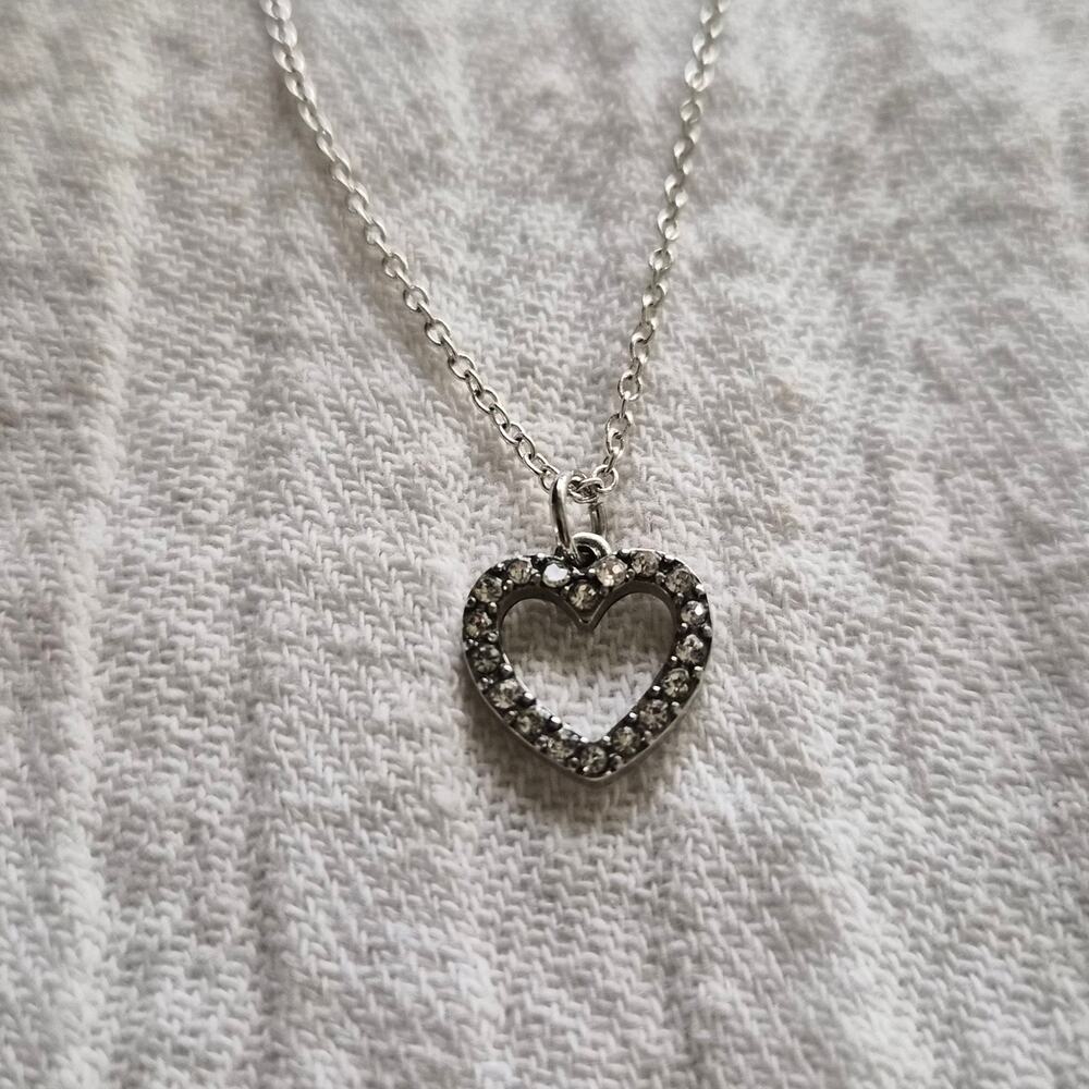 Y2K Rhinestone Necklace Open Heart Silver‎ Tone Dainty Crystal Coquette